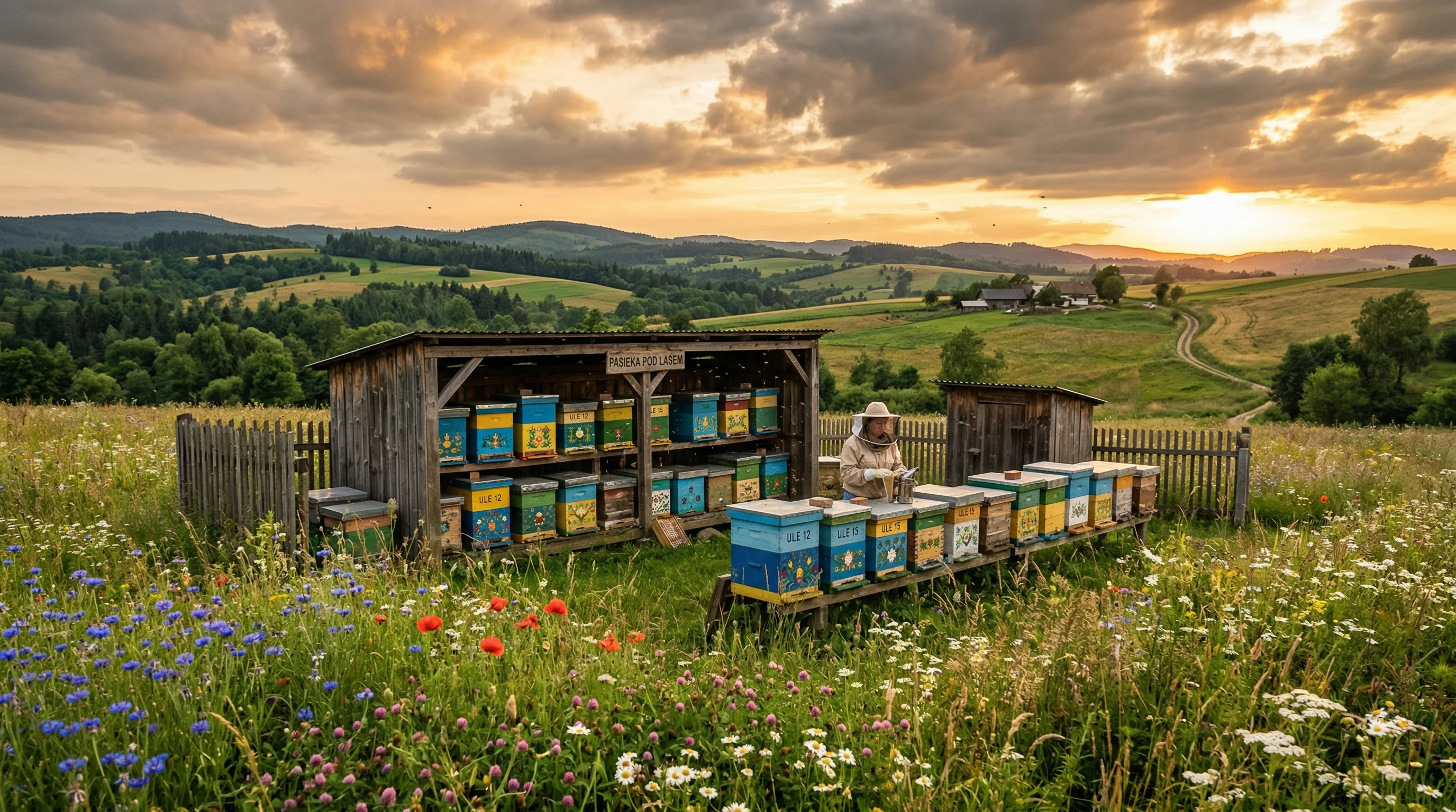 Pasieka z kolorowymi ulami na łące